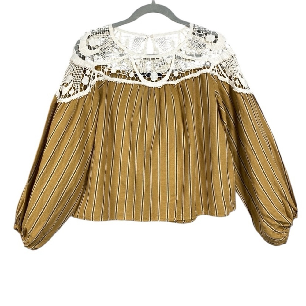 Zara Woman Crochet Striped Cotton Long Sleeve Blouse Size S